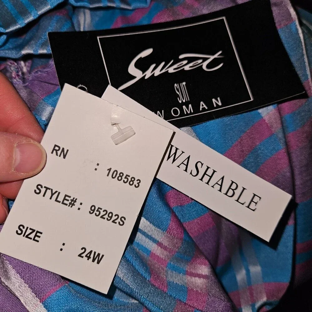NEW VTG Sweet Suit Woman Blue Purple Plaid Blazer Jacket Size 24W Short-Sleeves